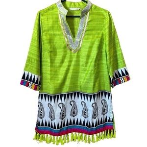Soft Surroundings  Bright Green Multicolor Boho/Kaftan Tunic Sequin Fringe sz S